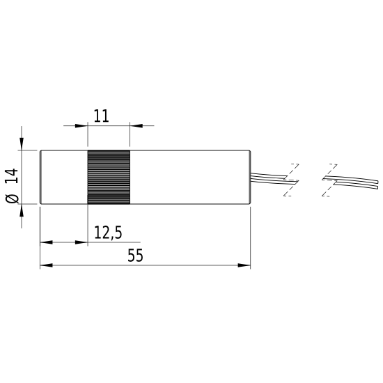 Linienlaser, blau, 450 nm, 30 °, 16 mW, 3 V DC, Ø14x55 mm, Laserklasse 2M, Fokus einstellbar, Kabel…